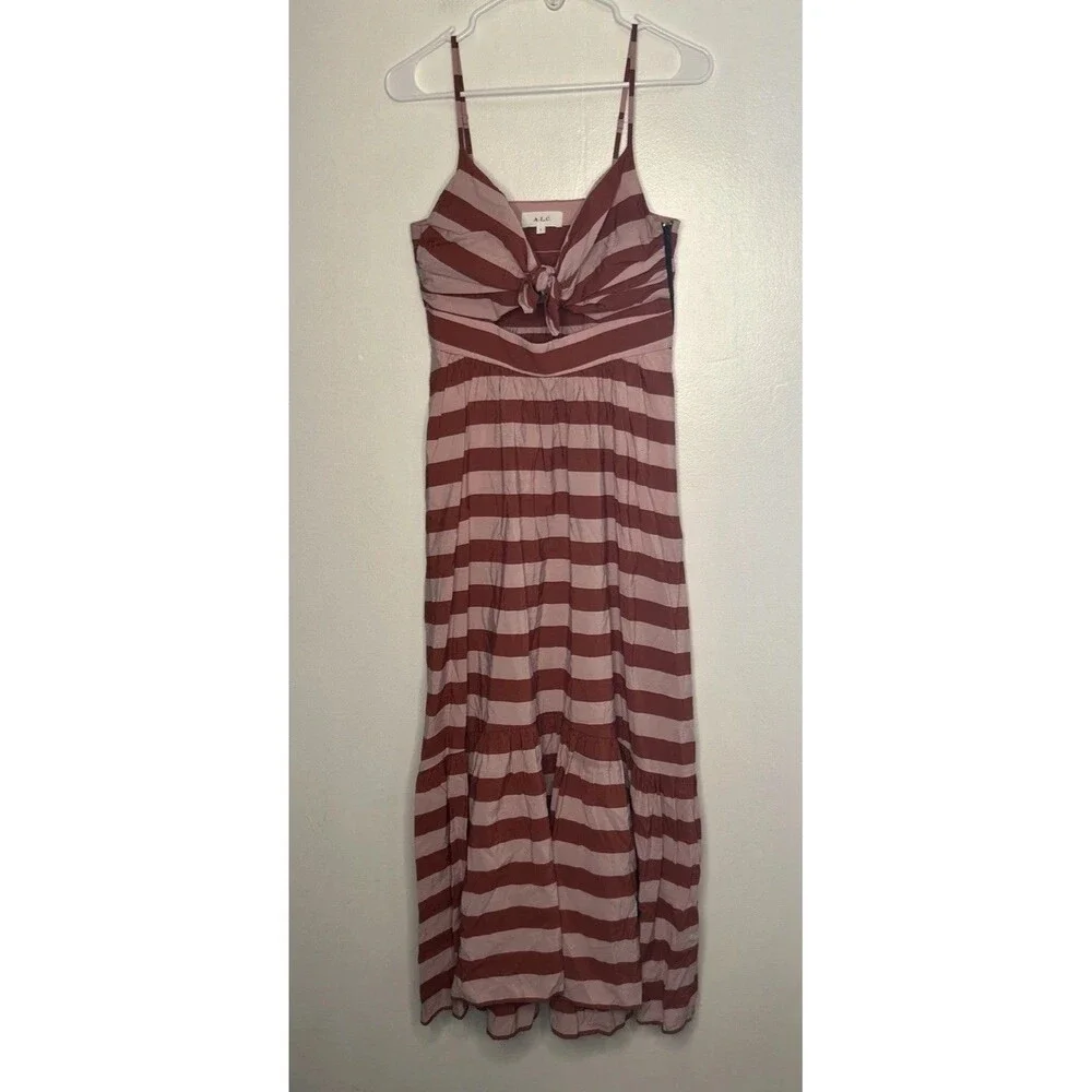 ALC Laurel Sun Dress Rust Stripe Size 6 Garden Party Wedding Guest Sundress Midi - Picture 2 of 6